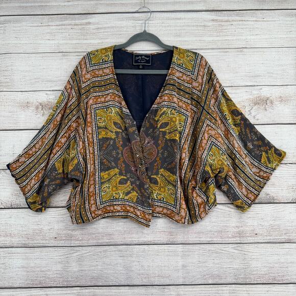 Lucky Brand BOHO Crop Open Front Kimono Womens XL Blue Yellow Brown - Picture 1 of 12